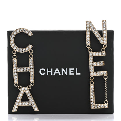 Chanel Crystal Cha-Nel Logo Drop Earrings Gold 5 of 5