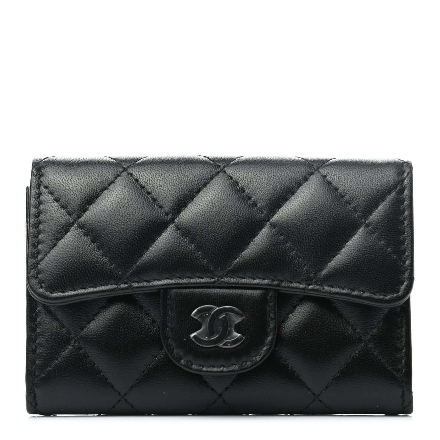 Lambskin Quilted Flap Card Holder Wallet So Black