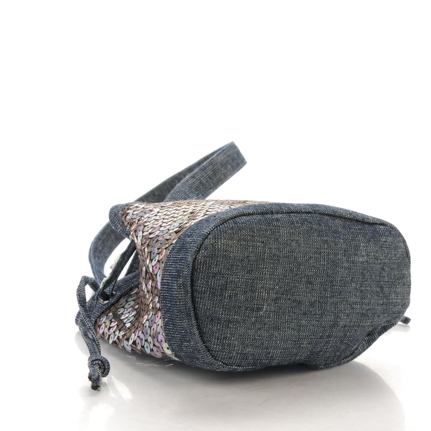 Sequin Denim Small Drawstring Bucket Bag Blue