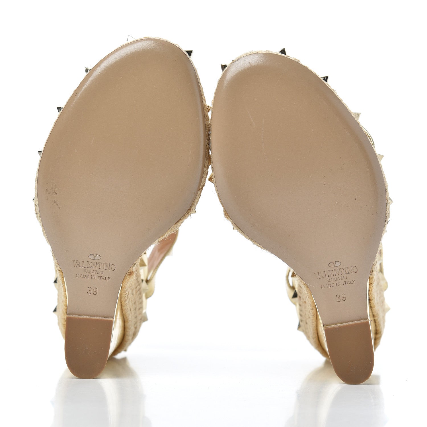 Valentino Garavani Metallic Calfskin Raffia Rockstud T-Strap Slingback Espadrille Wedge Sandals 39 Gold 5 of 21