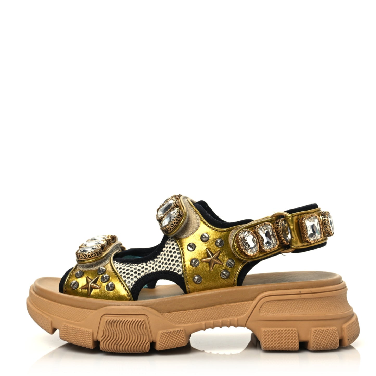 Silk Calfskin Mesh Crystal Embellished Studded Womens Aguru Sandals 36 Gold