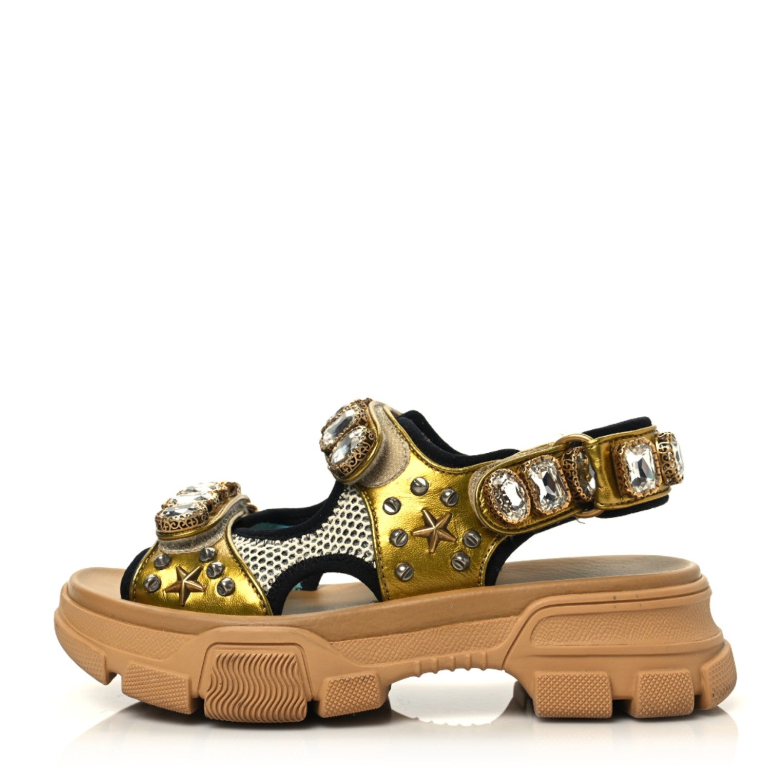 Gucci Silk Calfskin Mesh Crystal Embellished Studded Womens Aguru Sandals 36 Gold 1 of 9