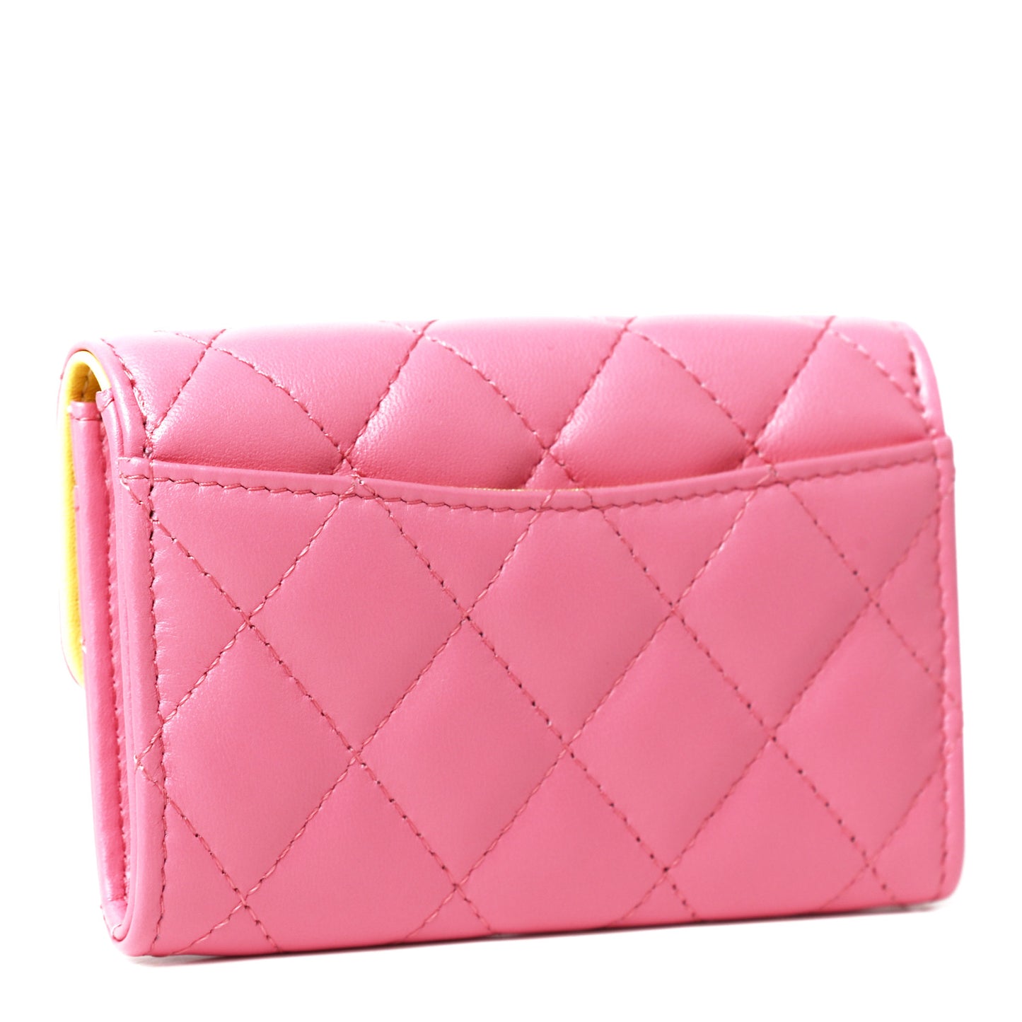 Lambskin Quilted Flap Card Holder Wallet Pink Yellow