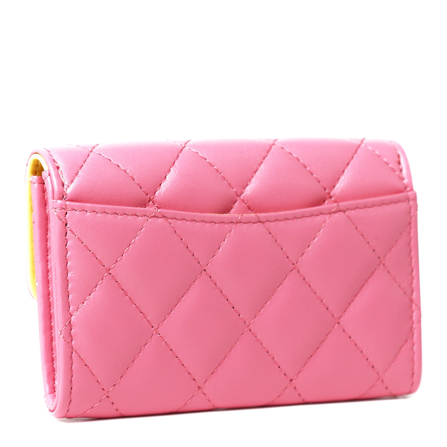 Chanel Lambskin Quilted Flap Card Holder Wallet Pink Yellow 3 of 10