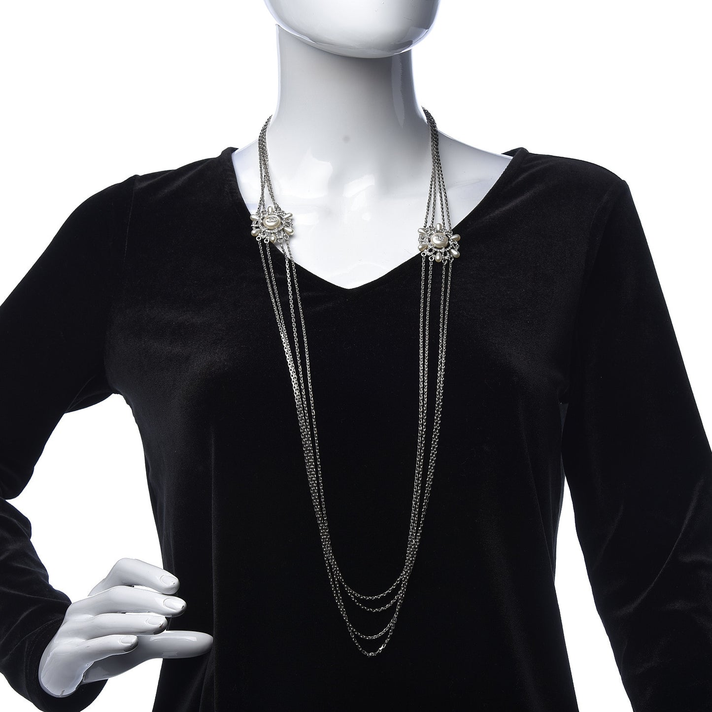 Pearl Chain CC Long Necklace Silver