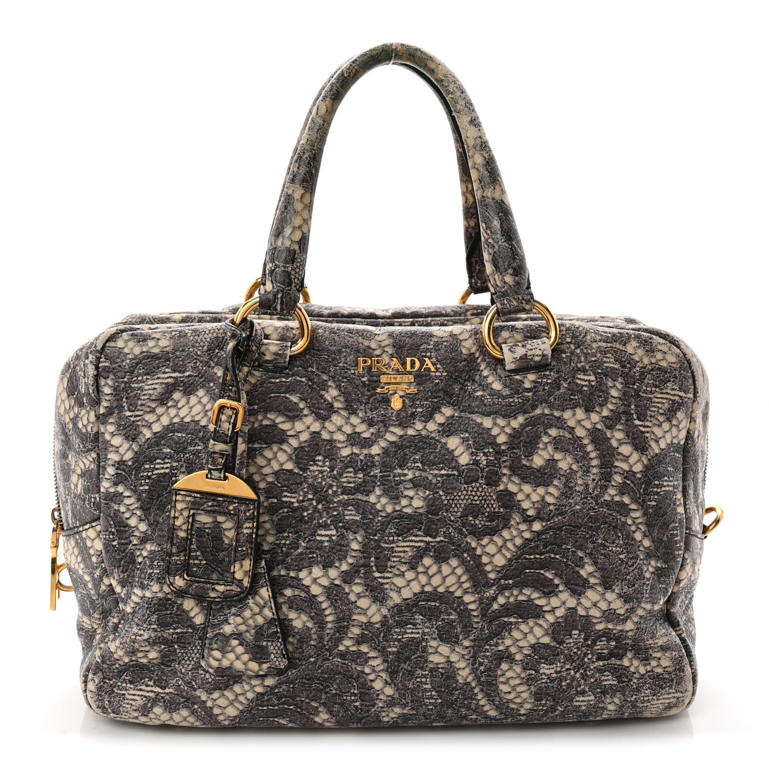 Prada Cervo Lux Print Lace Bauletto Bag Talco 1 of 13