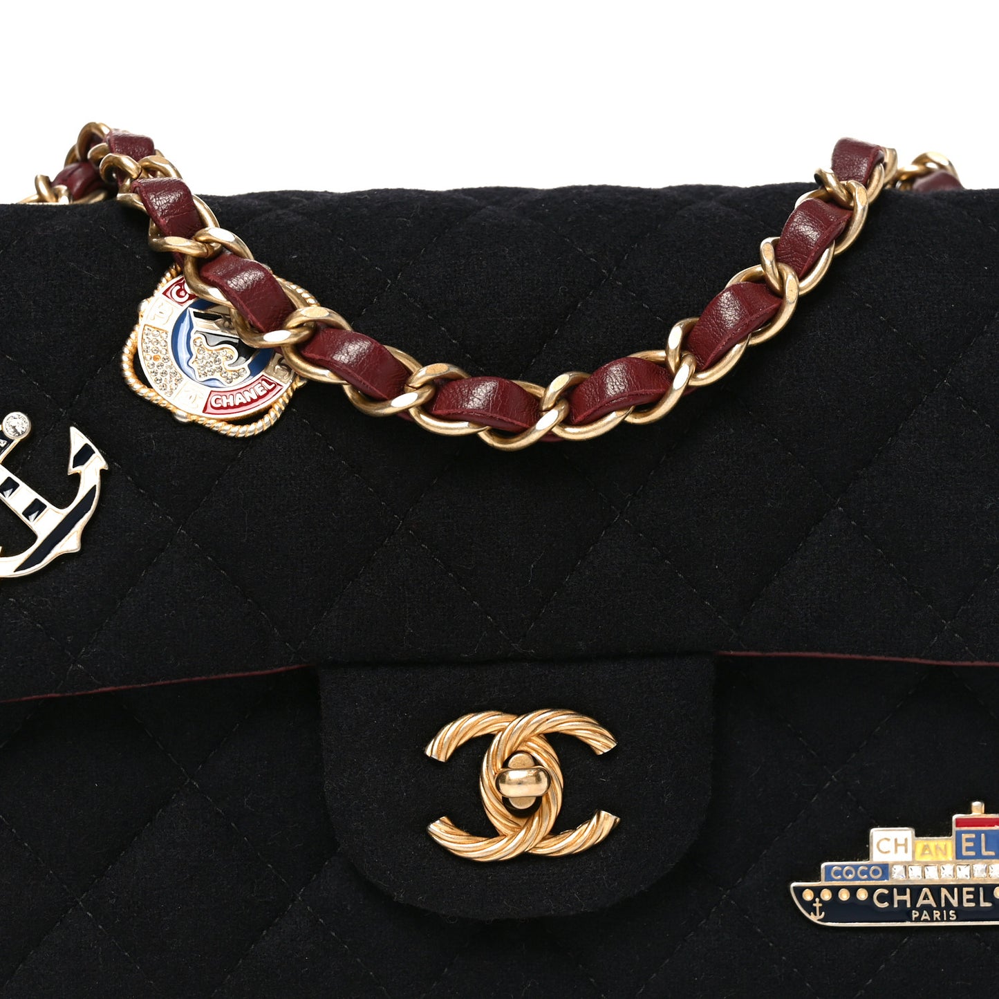 Felt Quilted Paris-Hamburg Charms Mini Rectangular Flap Black