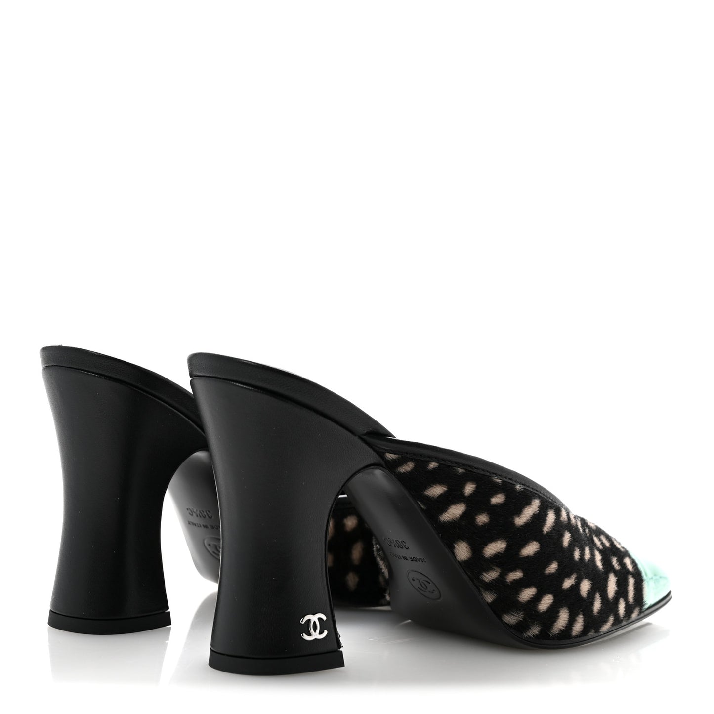Pony Hair Lambskin Patent Calfskin Cap Toe Mules 38.5 Black White Green