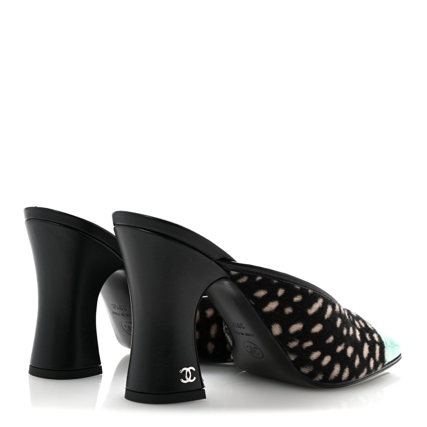 Chanel Pony Hair Lambskin Patent Calfskin Cap Toe Mules 38.5 Black White Green 5 of 10