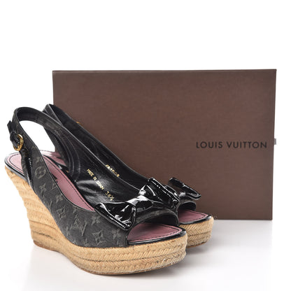 Louis Vuitton Denim Patent Monogram Bow Espadrille Wedges 38.5 Black 23 of 23