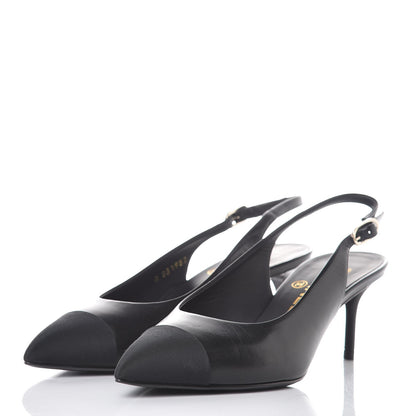 Chanel Goatskin Grosgrain Cap Toe CC Slingback Sandals 36.5 Black 3 of 9