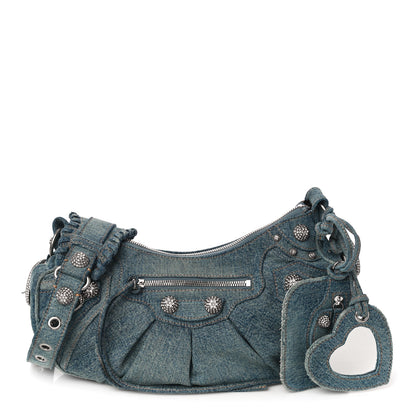 Balenciaga Washed Frayed Denim Crystal Small Le Cagole Shoulder Bag Blue 1 of 11