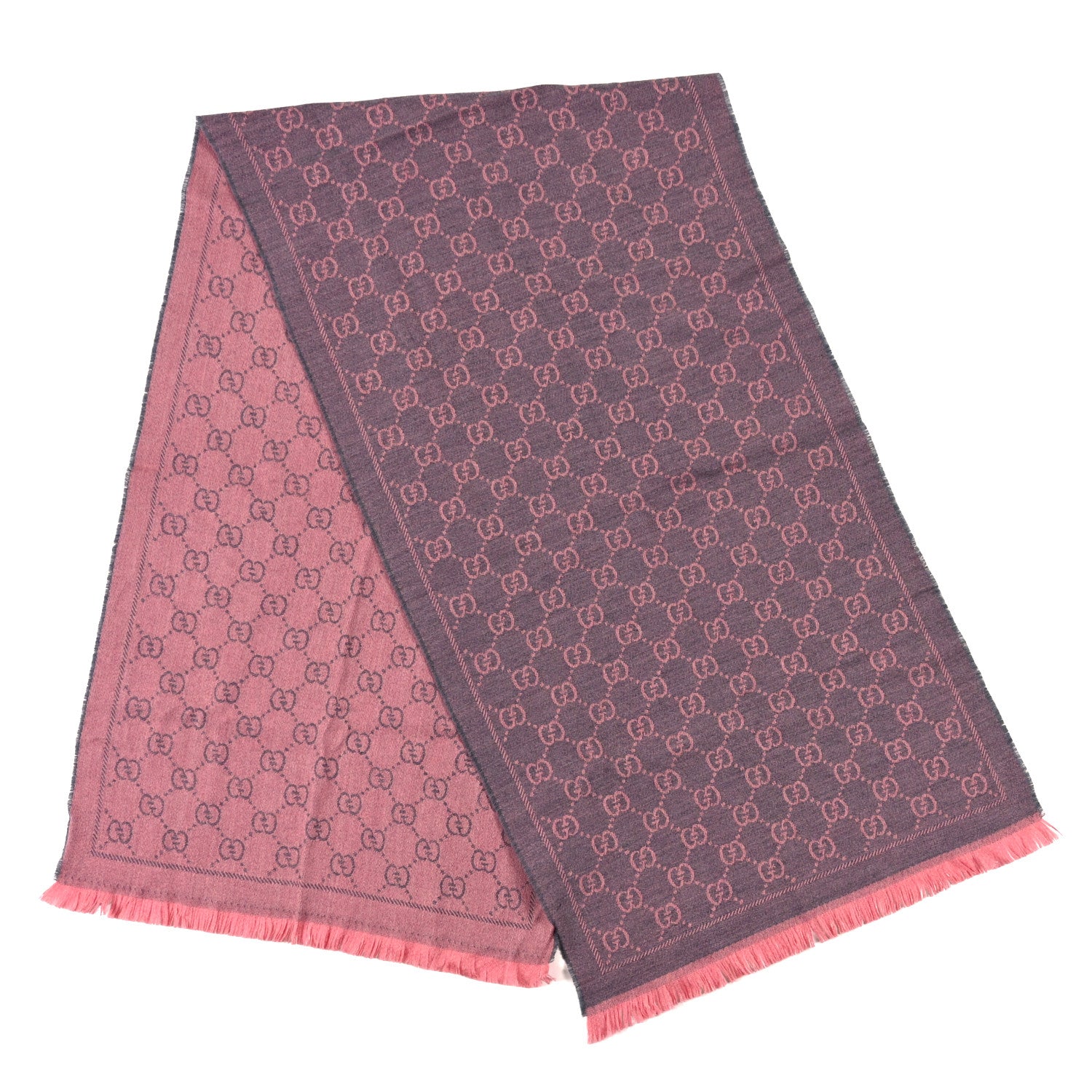 Gucci Wool Jacquard GG Monogram Sten Fringe Scarf Graphite Pink 2 of 3
