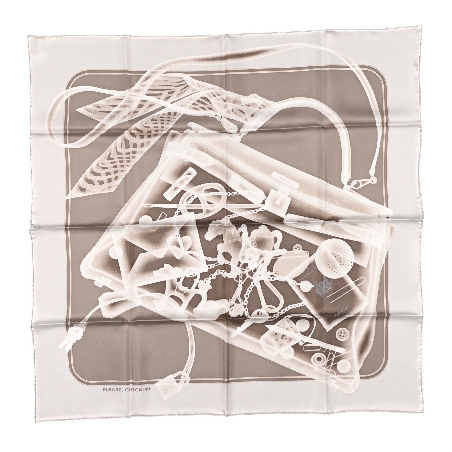 Hermes Silk Please Check In Scarf 90 Gris Perle Etoupe 1 of 3