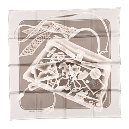Hermes Silk Please Check In Scarf 90 Gris Perle Etoupe 1 of 3