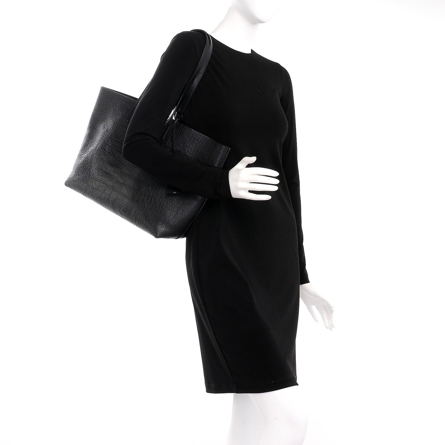 Calfskin Crocodile Embossed Large Shopper Tote Black