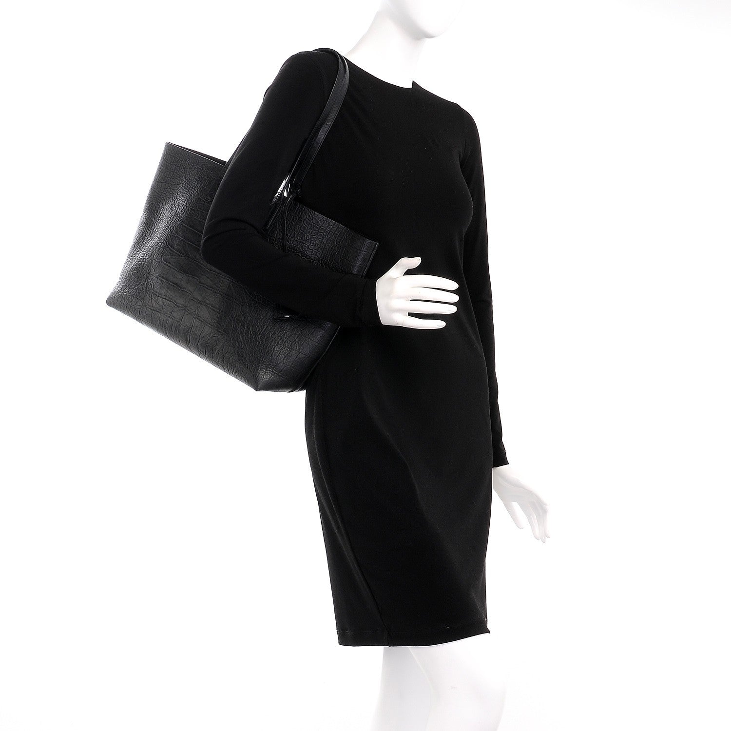 Saint Laurent Calfskin Crocodile Embossed Large Shopper Tote Black 2 of 9