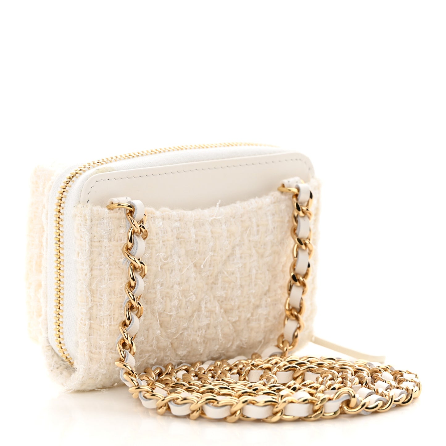 Tweed Quilted Bow Flap Card Holder On Chain White