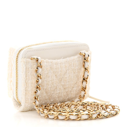 Chanel Tweed Quilted Bow Flap Card Holder On Chain White 3 of 12
