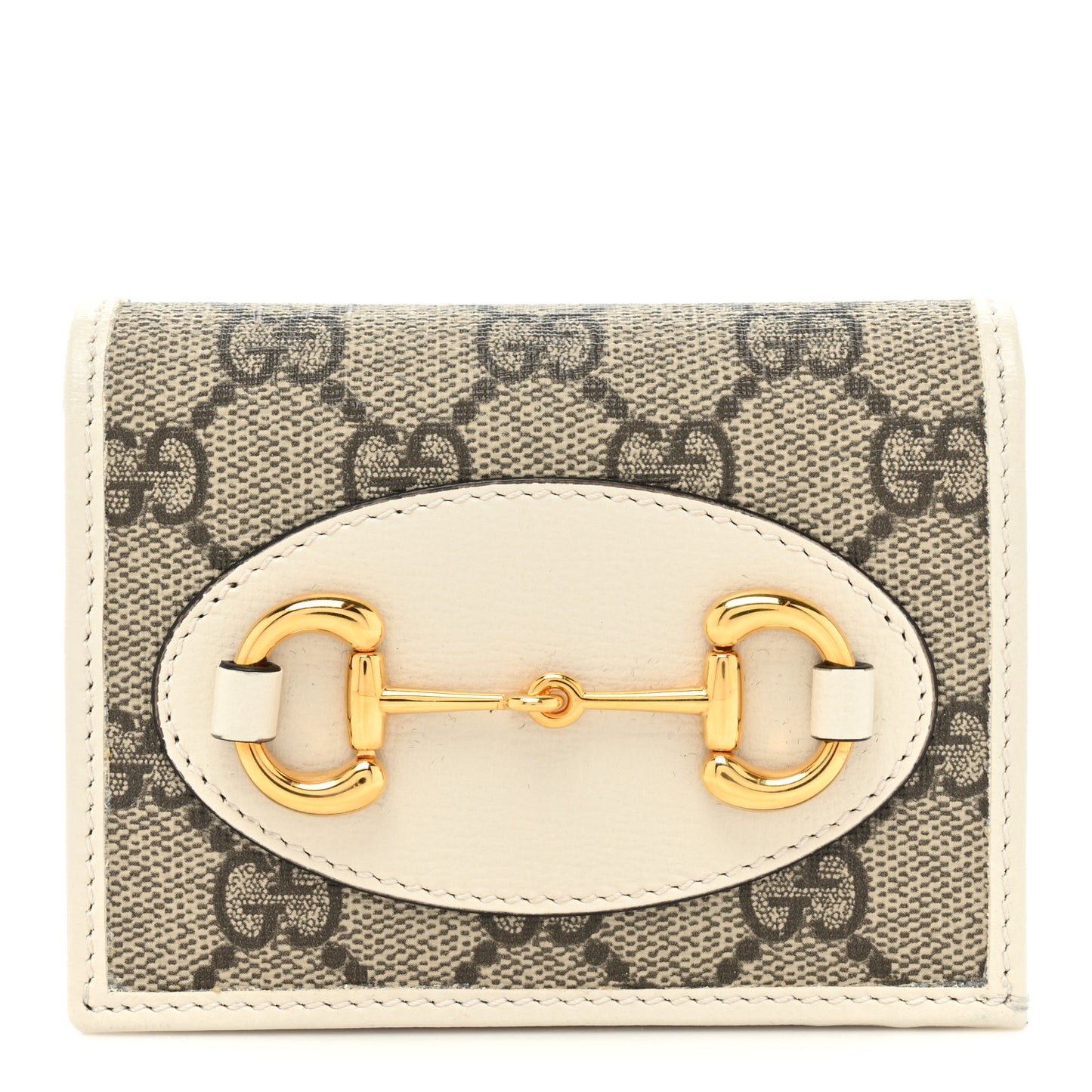 GG Supreme Monogram Azalea Calfskin Horsebit 1955 Card Case Wallet Beige Ebony Mystic White