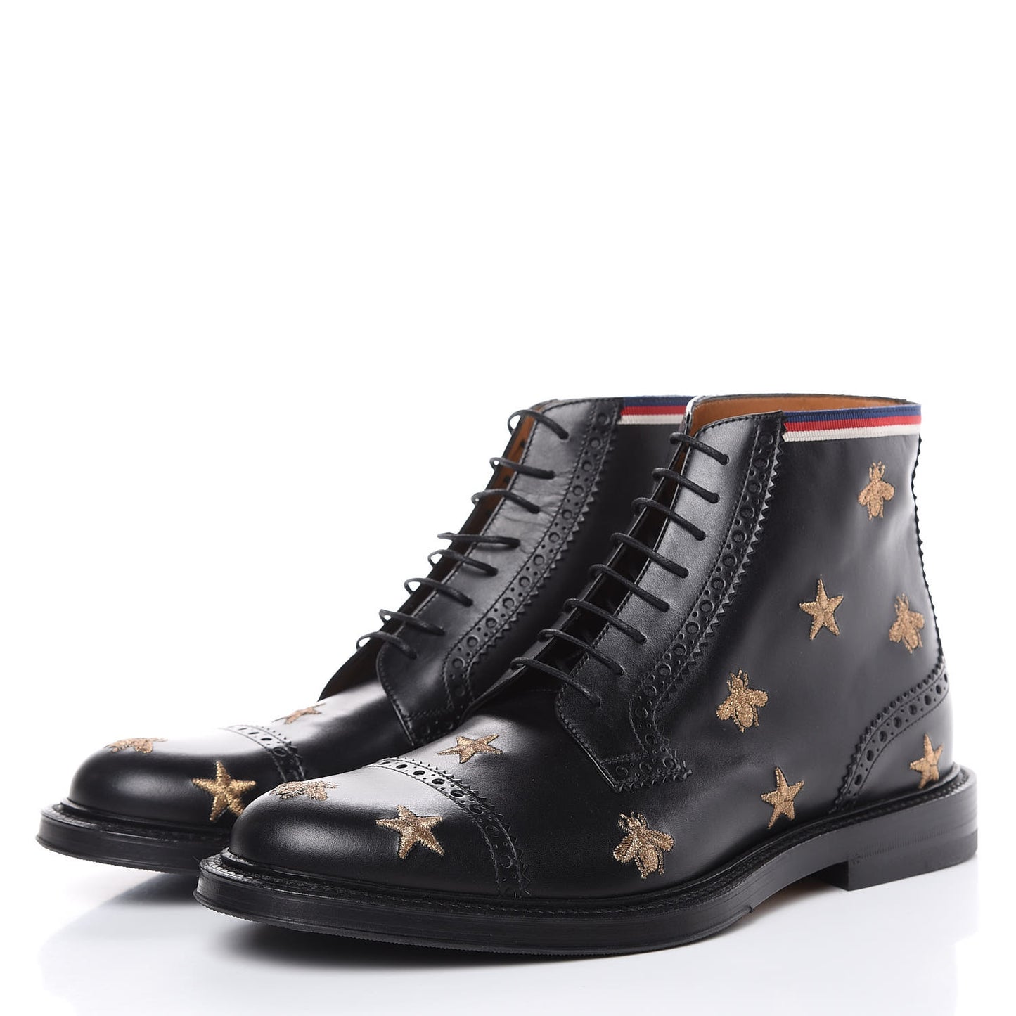 Calfskin Sylvie Web Bee Star Embroidered Mens Brogue Captoe Boots 7.5 Black