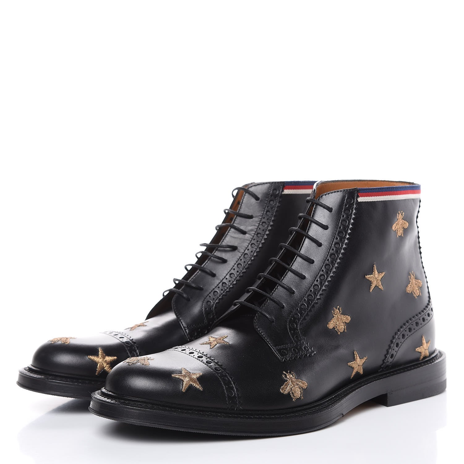 Gucci Calfskin Sylvie Web Bee Star Embroidered Mens Brogue Captoe Boots 7.5 Black 3 of 8