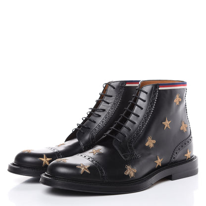 Gucci Calfskin Sylvie Web Bee Star Embroidered Mens Brogue Captoe Boots 7.5 Black 3 of 8