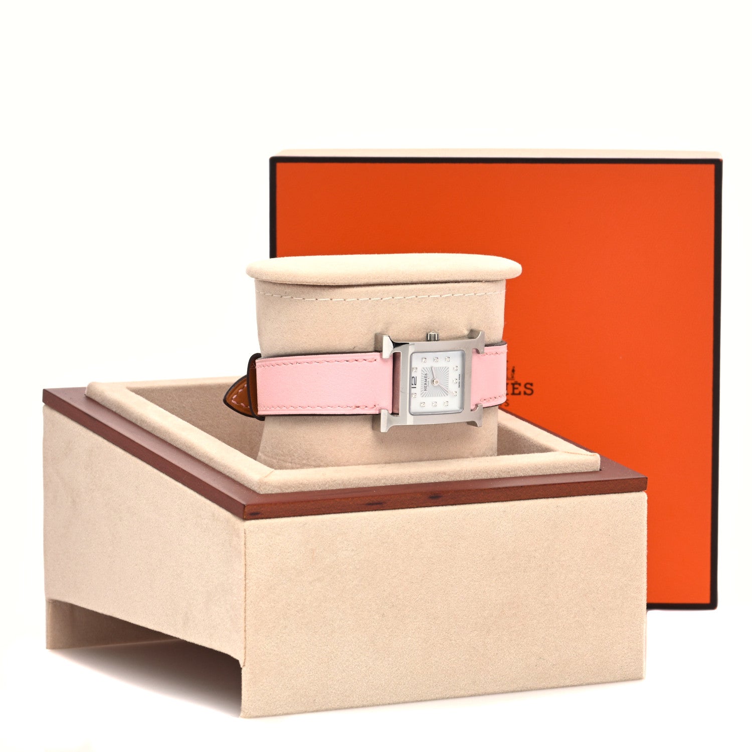 Hermes Stainless Steel Swift Diamond Mother of Pearl 21mm Heure H Hour Quartz Watch Rose Sakura 5 of 5