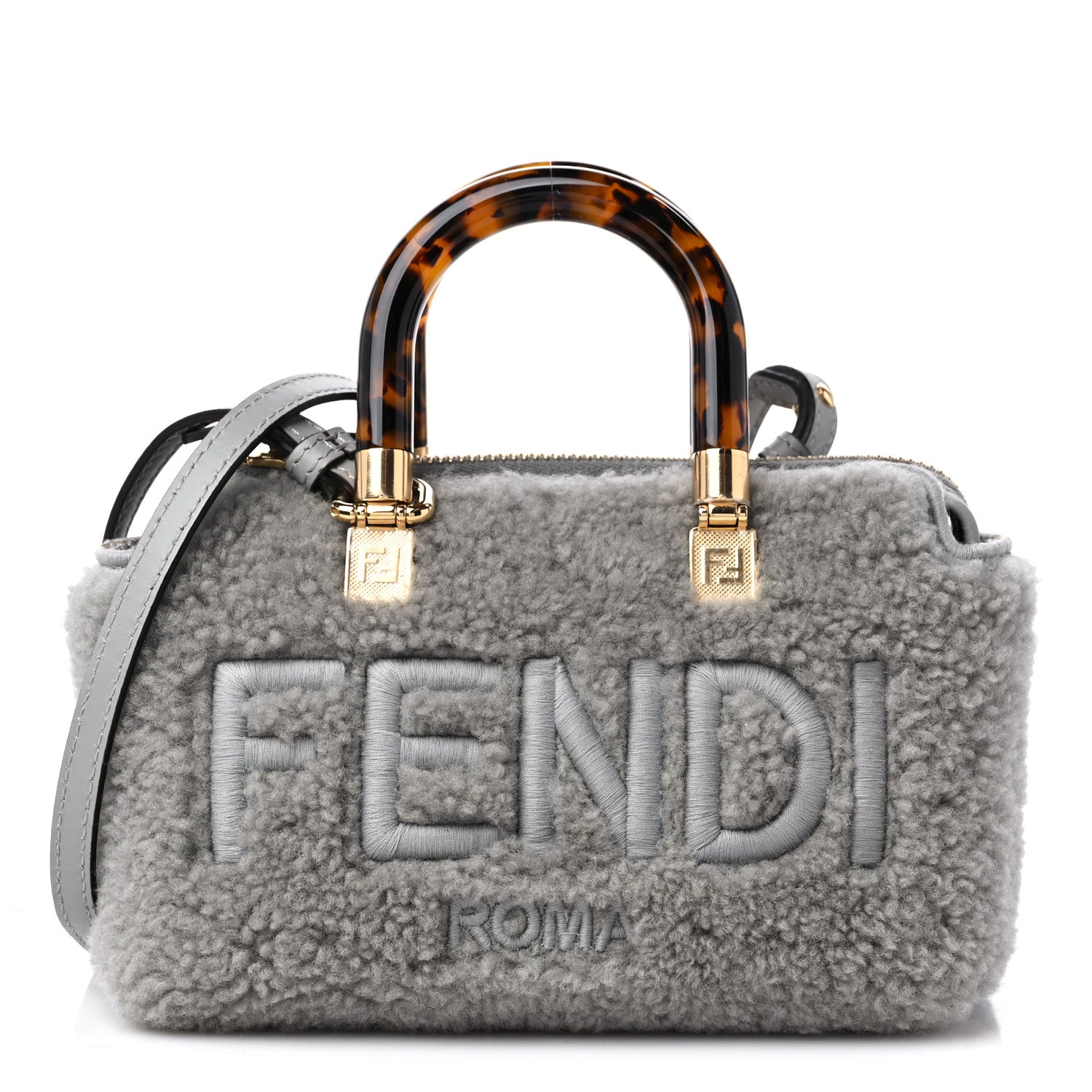 Fendi Sheepskin Vitello King Plexiglass Logo Embroidered Mini By The Way Top Handle Boston Ghiaccio 1 of 9