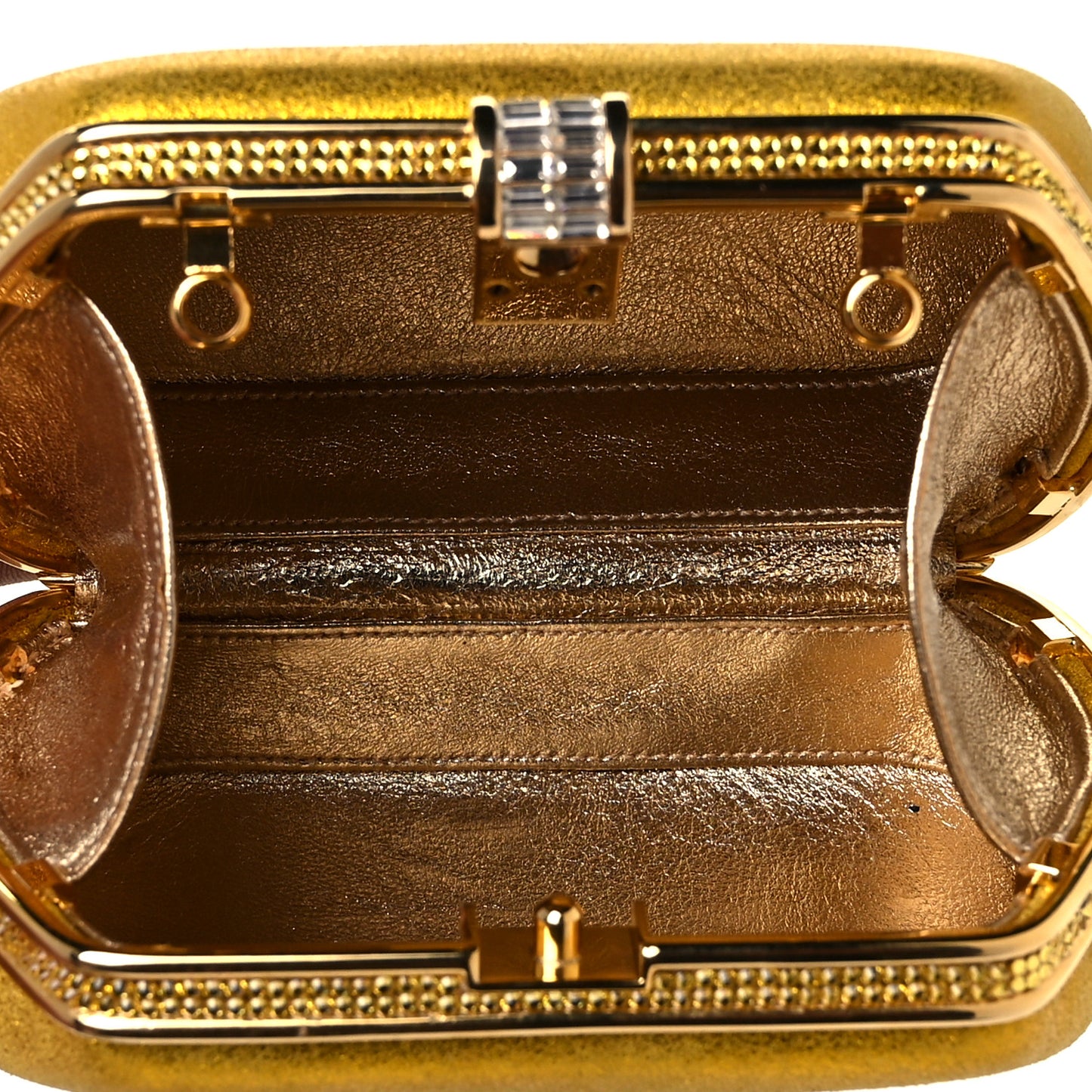 Metallic Calfskin Swarovski Crystal Minaudiere Clutch Gold