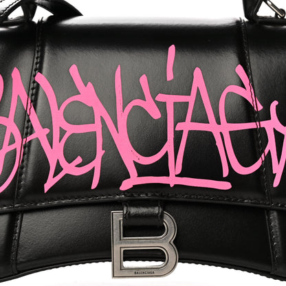 Balenciaga Shiny Box Calfskin Graffiti Logo Small Hourglass Top Handle Bag Black Pink 11 of 17