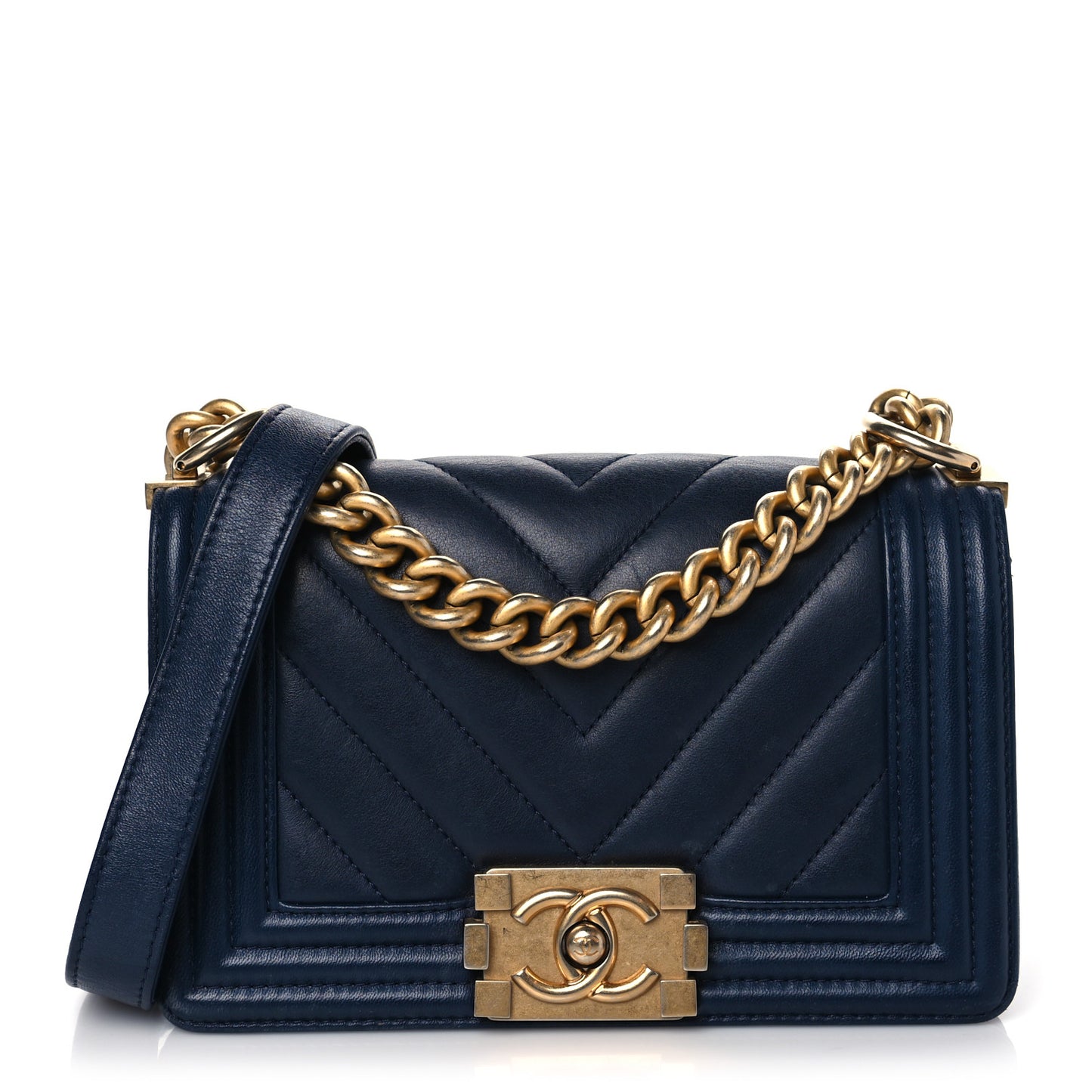 Calfskin Chevron Quilted Small Boy Flap Navy
