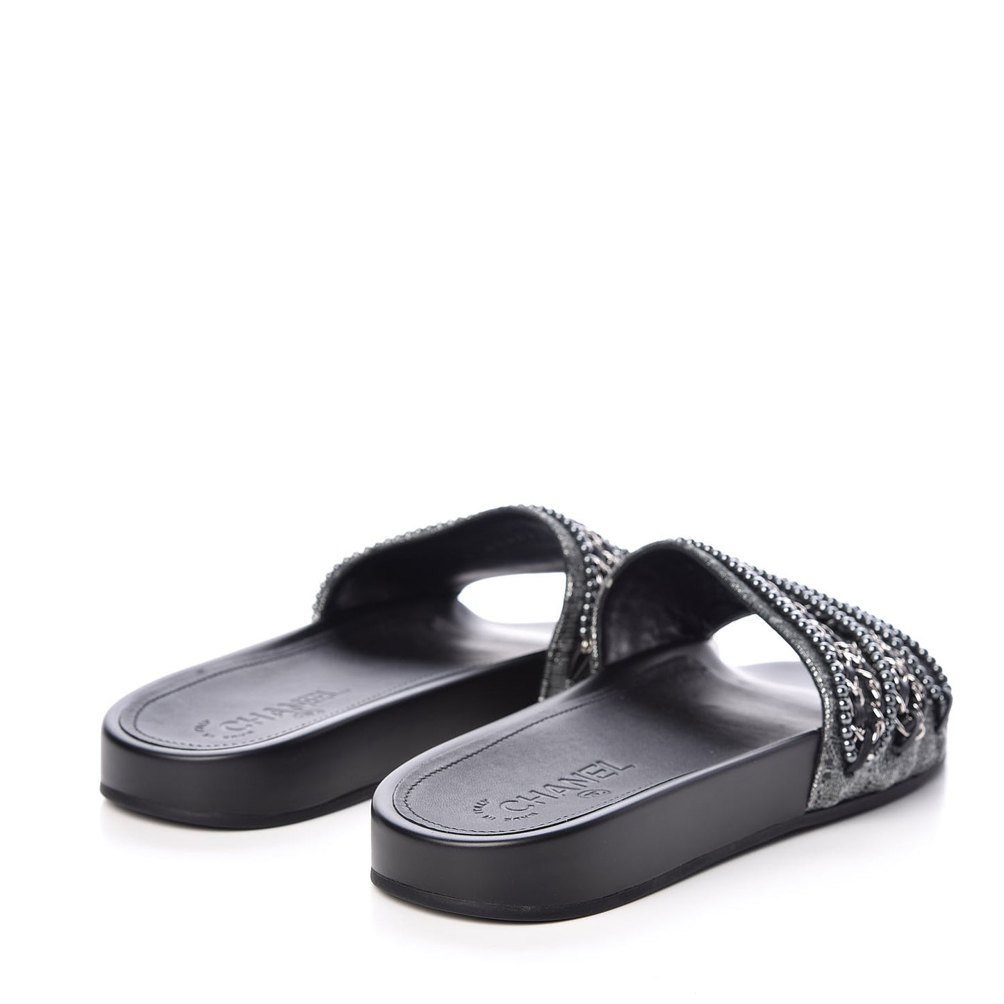 Fantasy Lambskin Pearl Chain CC Flat Mules 40 Silver Black