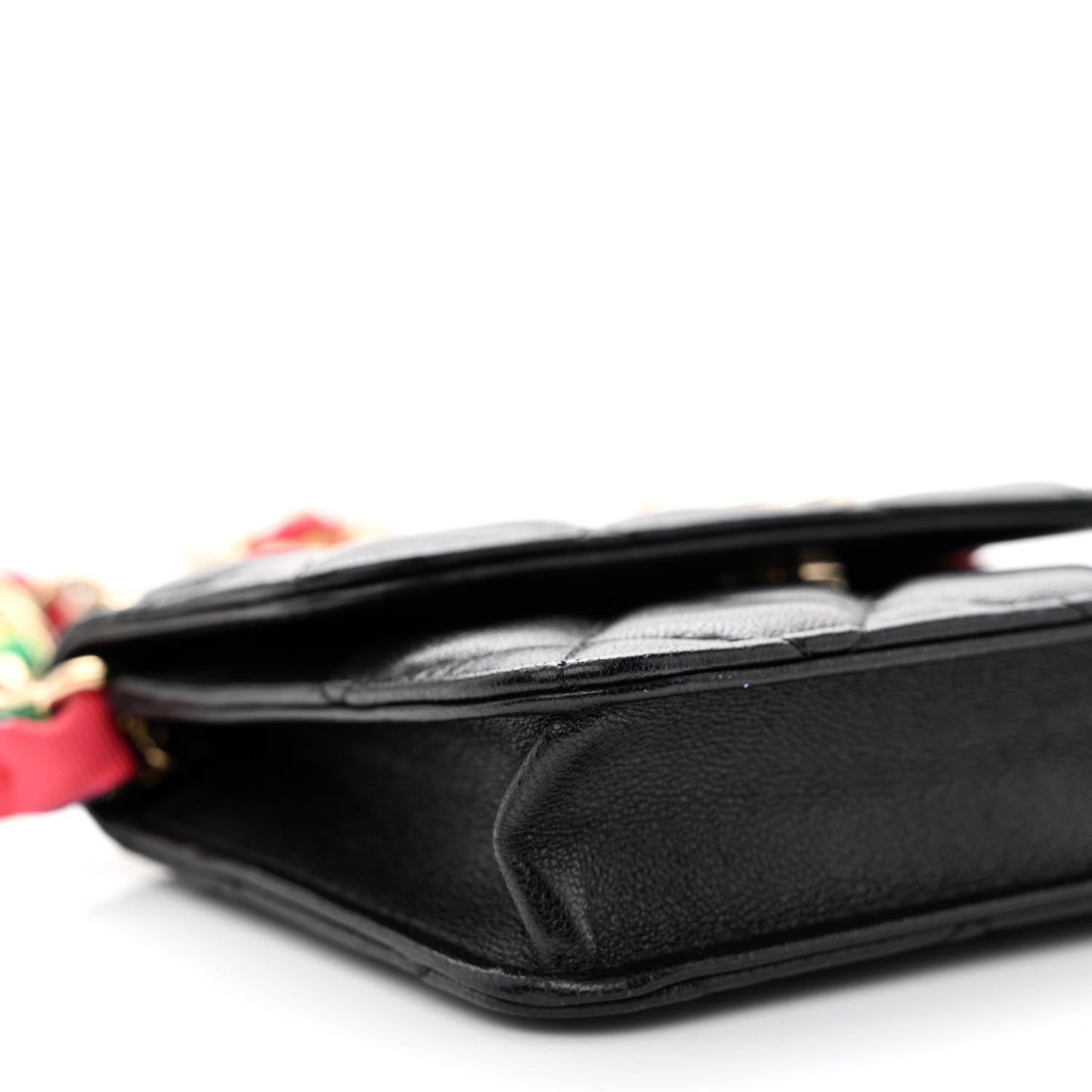 Shiny Lambskin Ribbon Quilted Flap Belt Bag Black