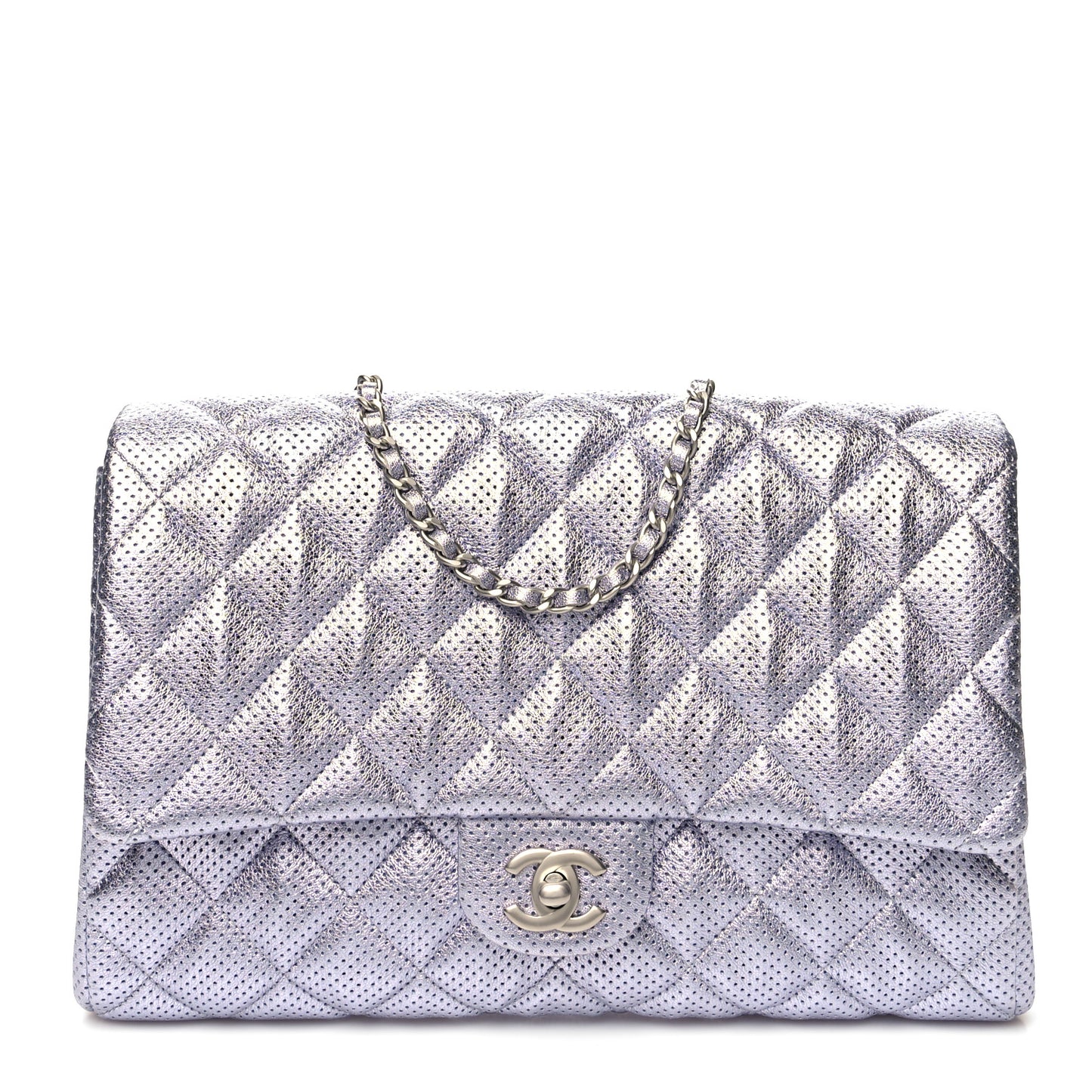 Metallic Perforated Lambskin Quilted Clutch With Chain Flap Silver