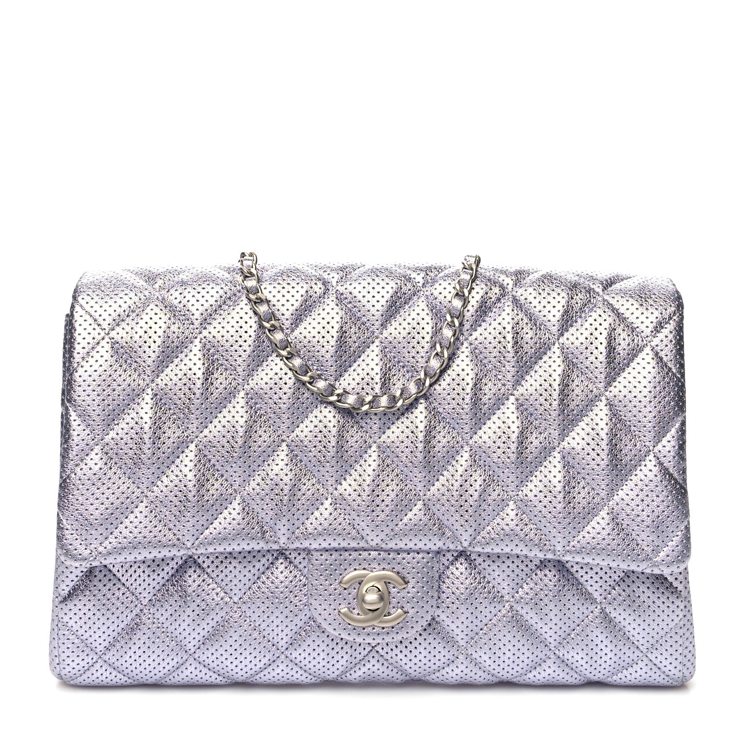 Chanel Metallic Perforated Lambskin Quilted Clutch With Chain Flap Silver 1 of 10