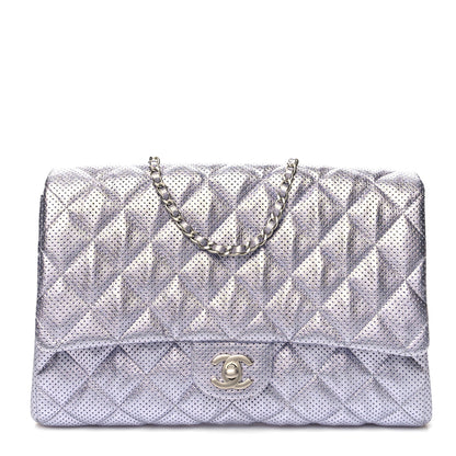 Chanel Metallic Perforated Lambskin Quilted Clutch With Chain Flap Silver 1 of 10