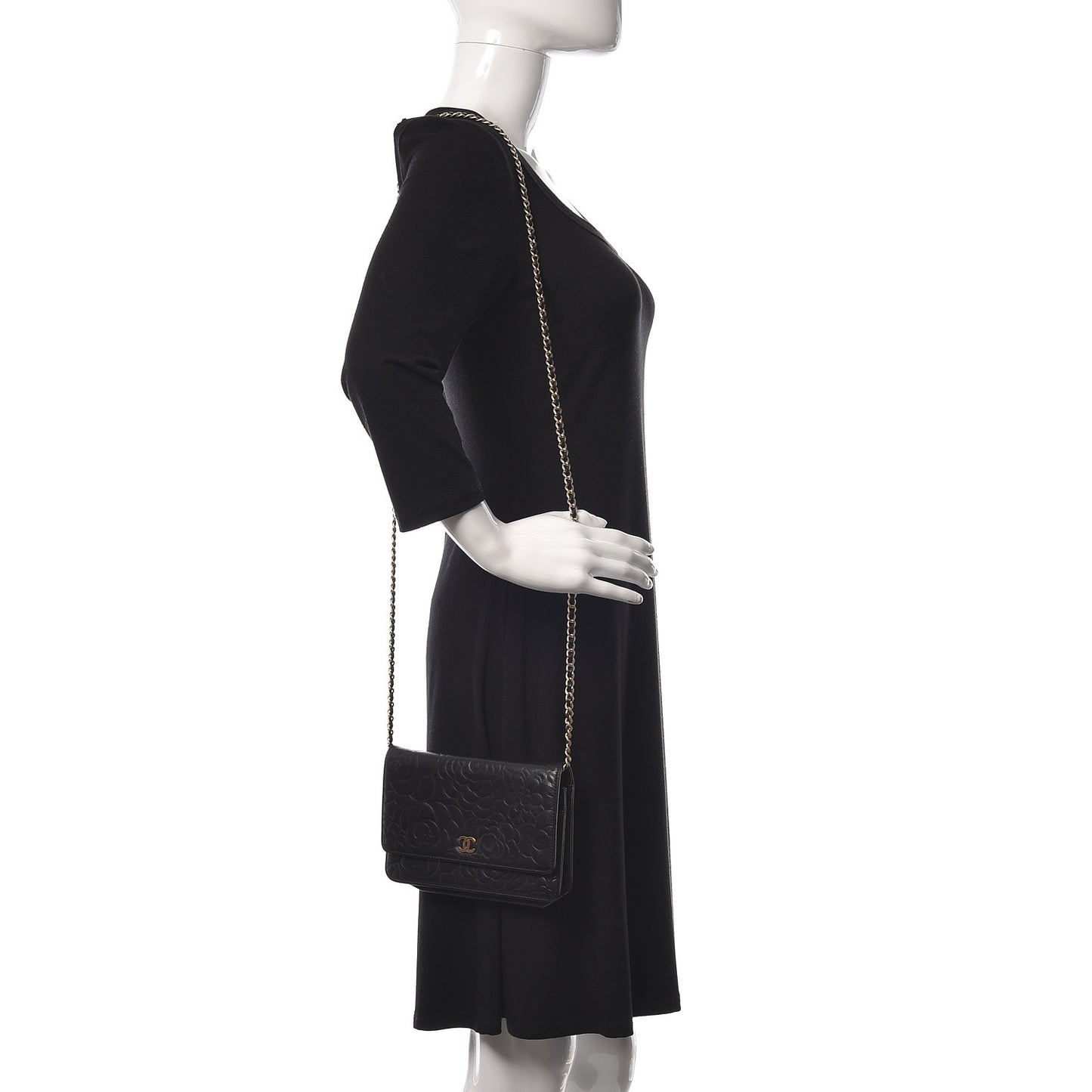 Lambskin Camellia Embossed Wallet On Chain WOC Black