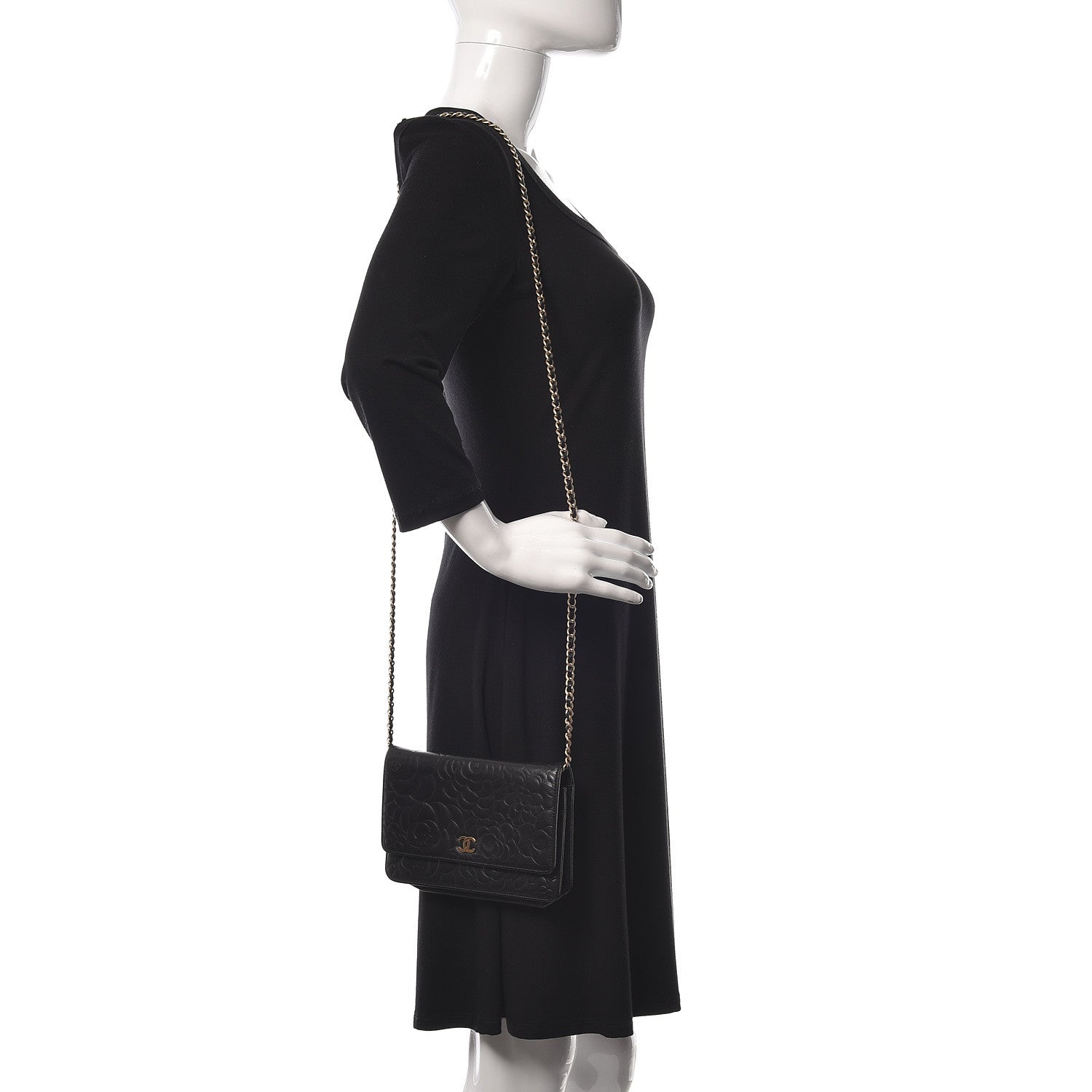 Chanel Lambskin Camellia Embossed Wallet On Chain WOC Black 2 of 10