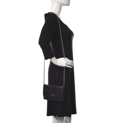 Chanel Lambskin Camellia Embossed Wallet On Chain WOC Black 2 of 10