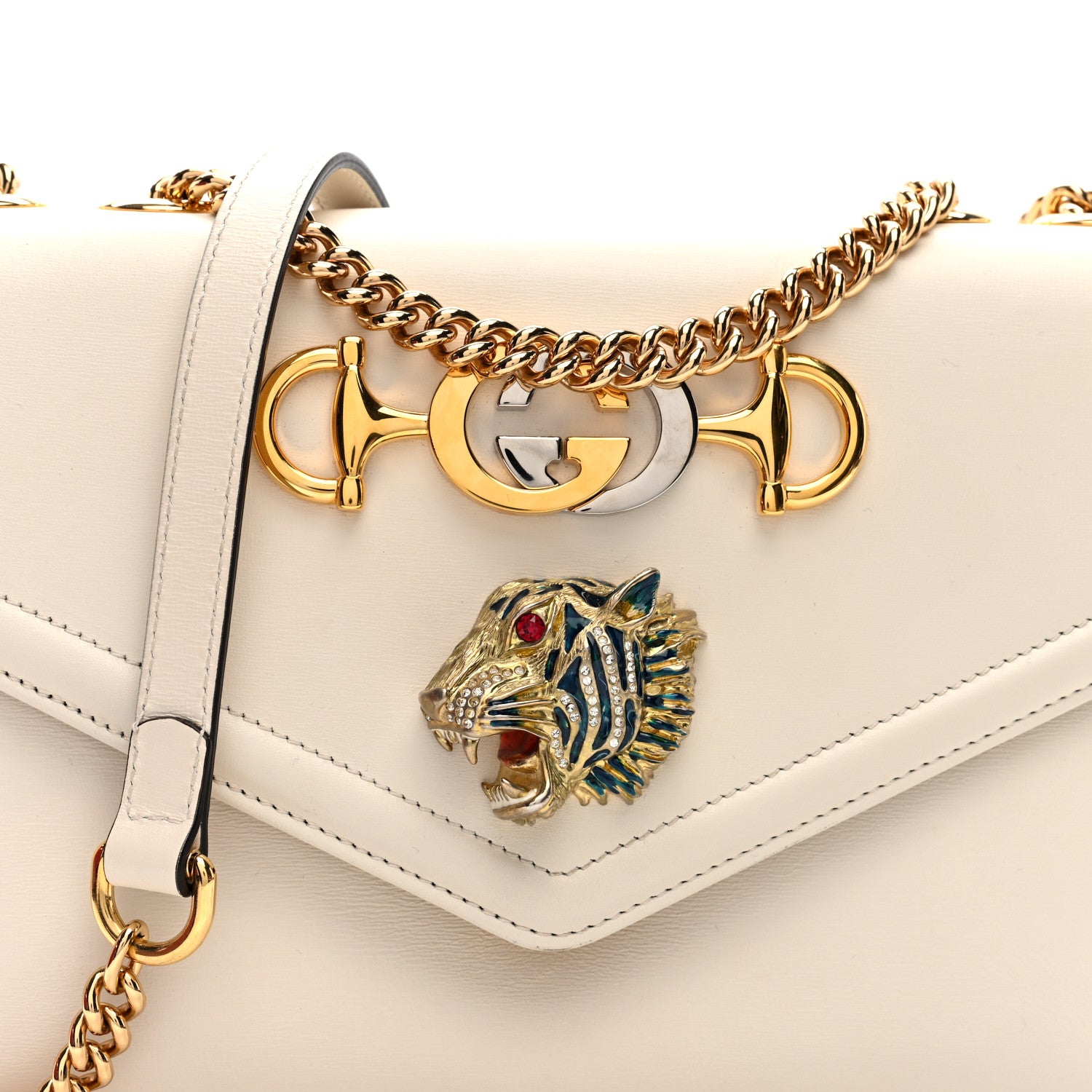 Gucci Vitello Palmellato Lux Crystal Medium Rajah Shoulder Bag Mystic White Multicolor 9 of 11