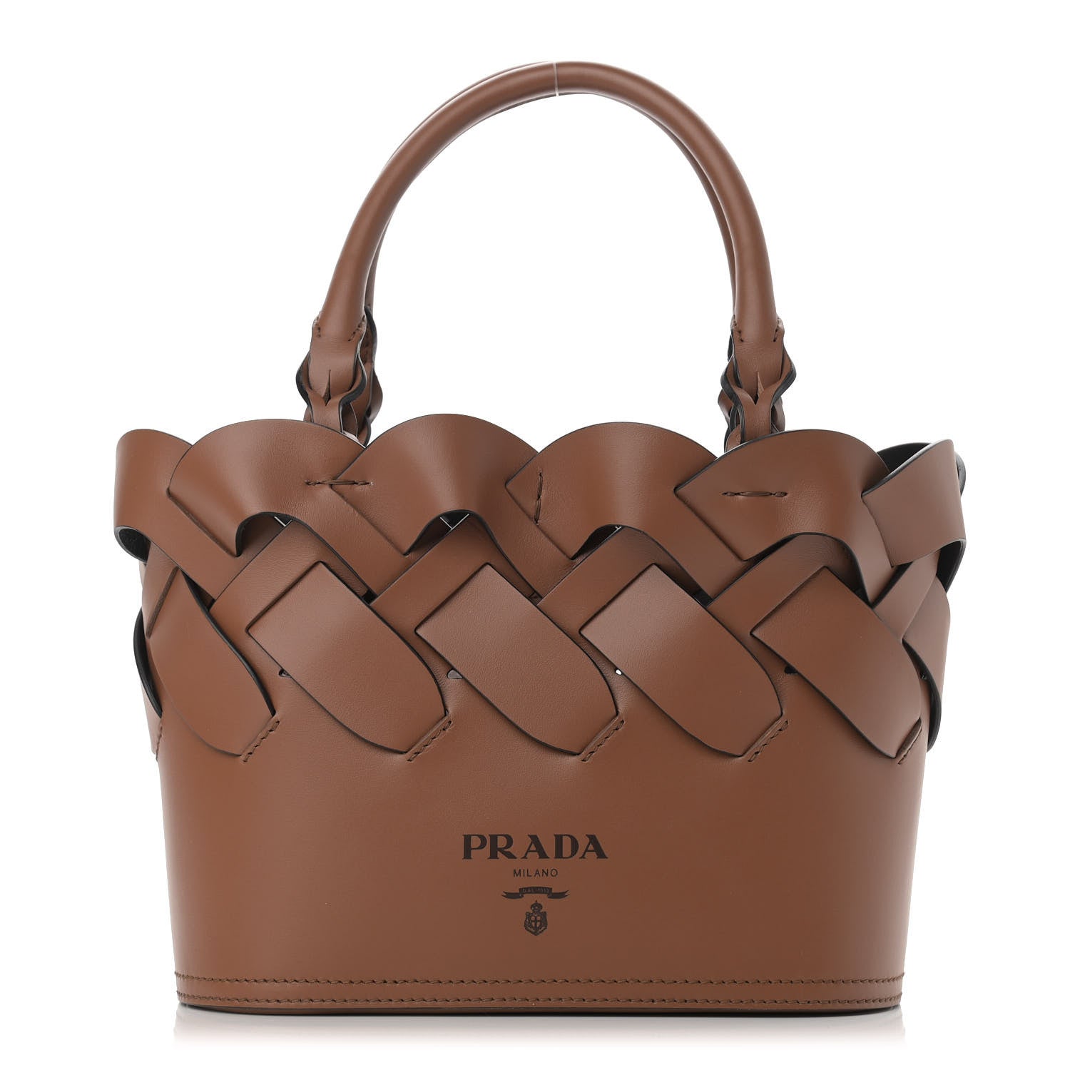 Prada Vitello Intreccio Tote Bag Cognac Black 3 of 12
