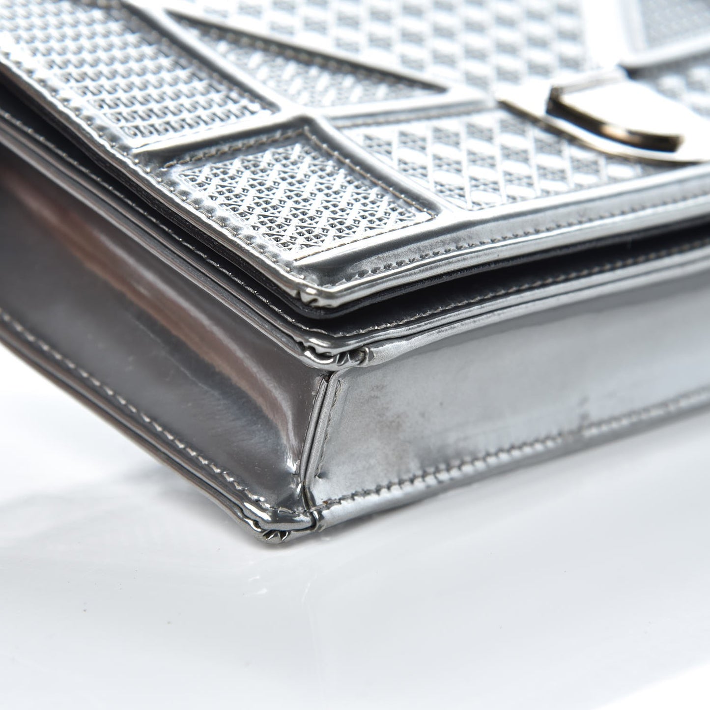 Metallic Patent Micro-Cannage Diorama Wallet on Chain Pouch Silver