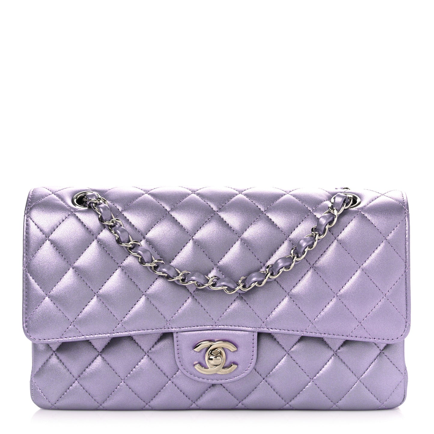 Metallic Lambskin Quilted Medium Double Flap Purple
