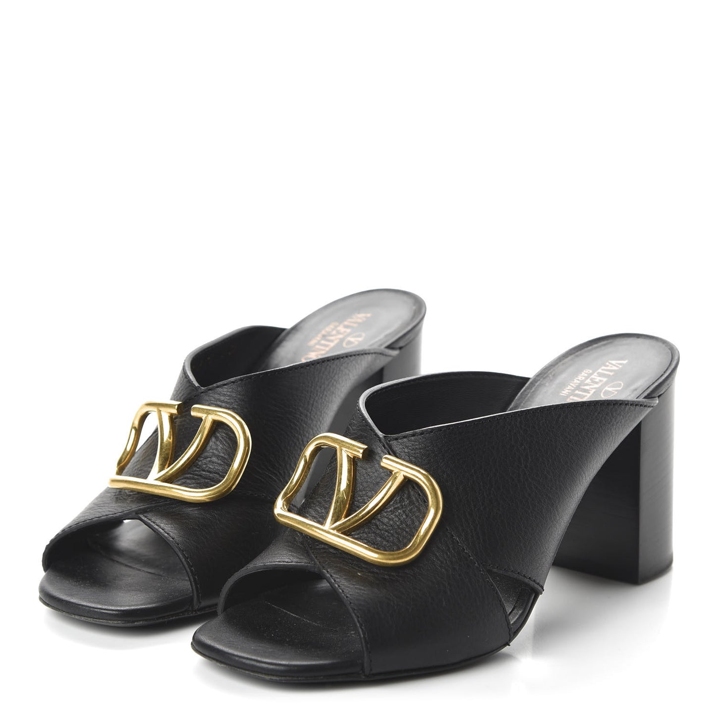 Grainy Cowhide VLogo Mid Heel Slide Sandals 39 Black
