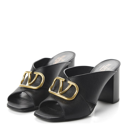 Valentino Garavani Grainy Cowhide VLogo Mid Heel Slide Sandals 39 Black 3 of 8