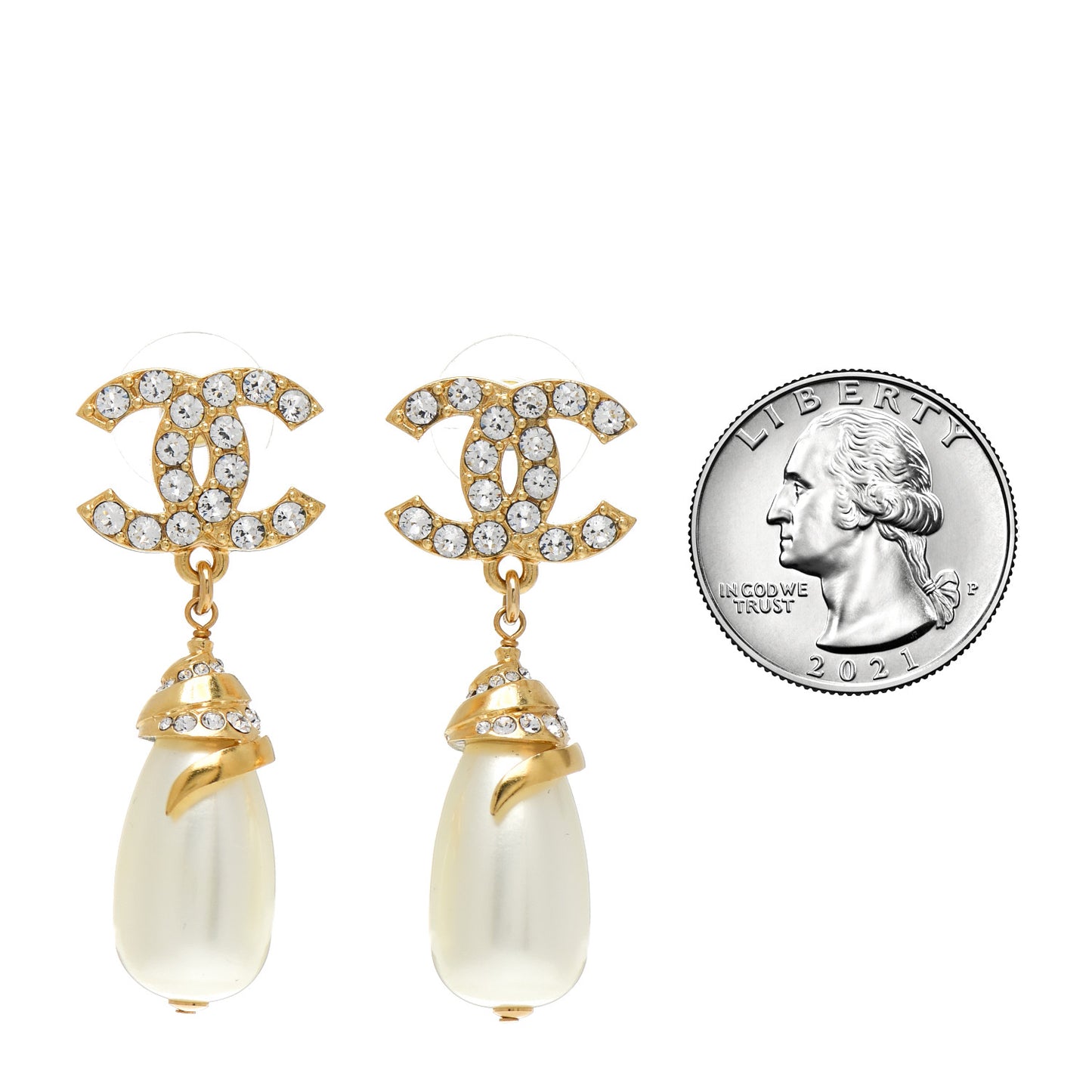 Crystal Long Pearl CC Drop Earrings Gold
