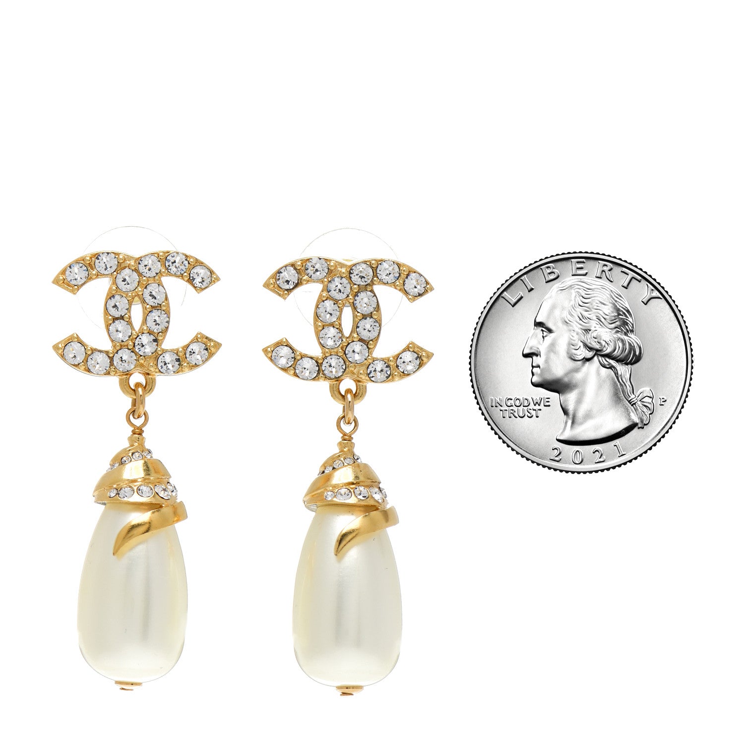 Chanel Crystal Long Pearl CC Drop Earrings Gold 2 of 5