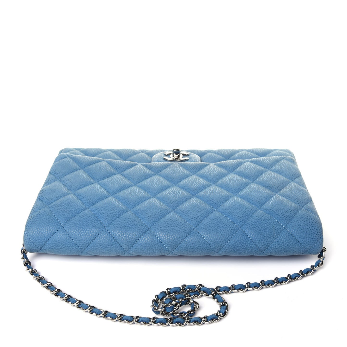 Iridescent Caviar Quilted Clutch With Chain Flap Blue