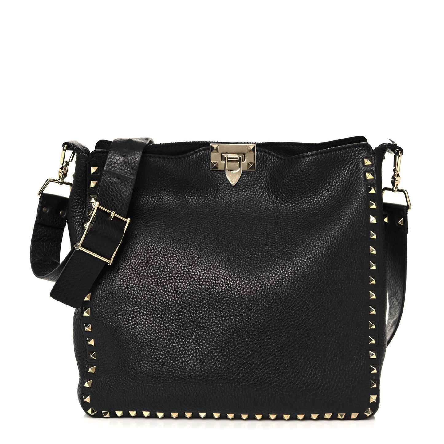 Pebbled Calfskin Large Rockstud Flip-Lock Messenger Bag Black